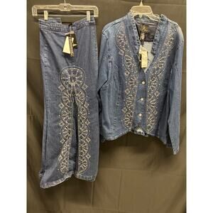 Vintage Giclée Denim Jacket with Long Skirt Crystal Embellished Western 3X 22W